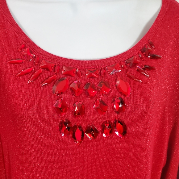 Joseph A. Red Festive Beaded Shiny Sweater - Picture 3 of 10